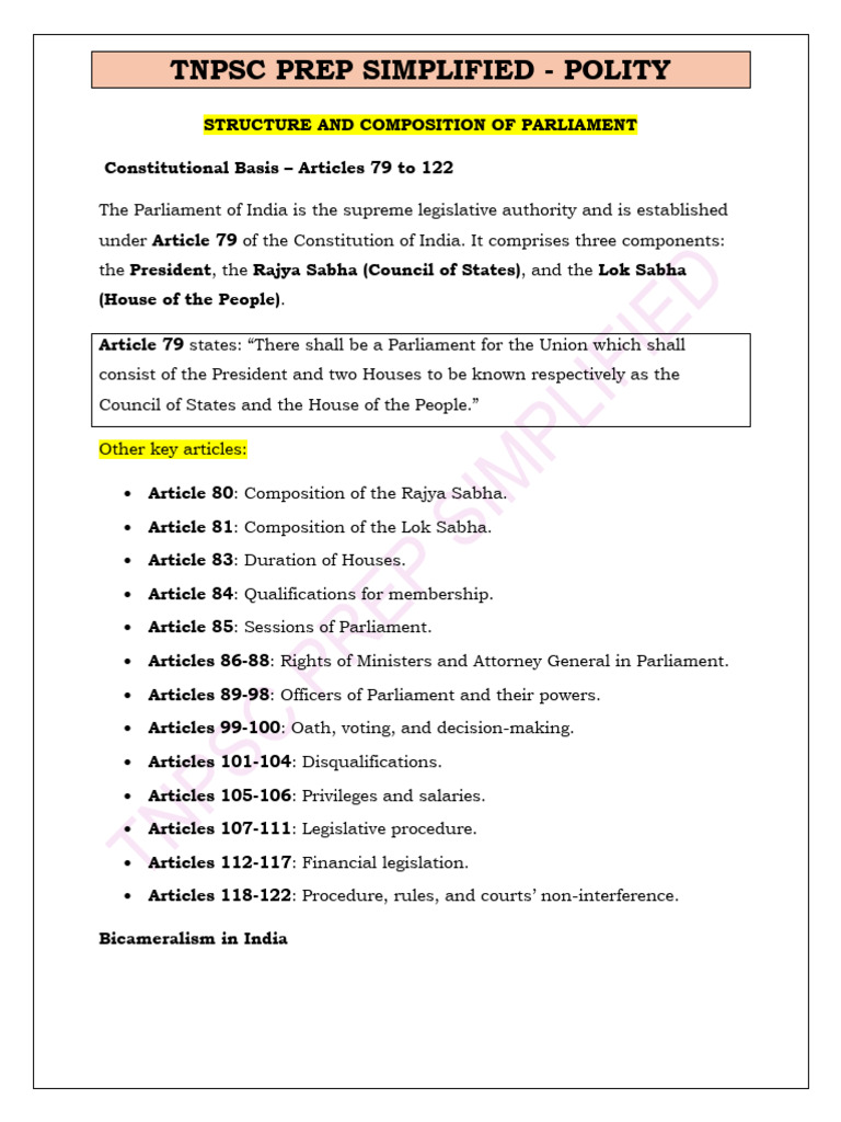 Structure of Indian Parliament Explained | PDF | Public Law | Governance