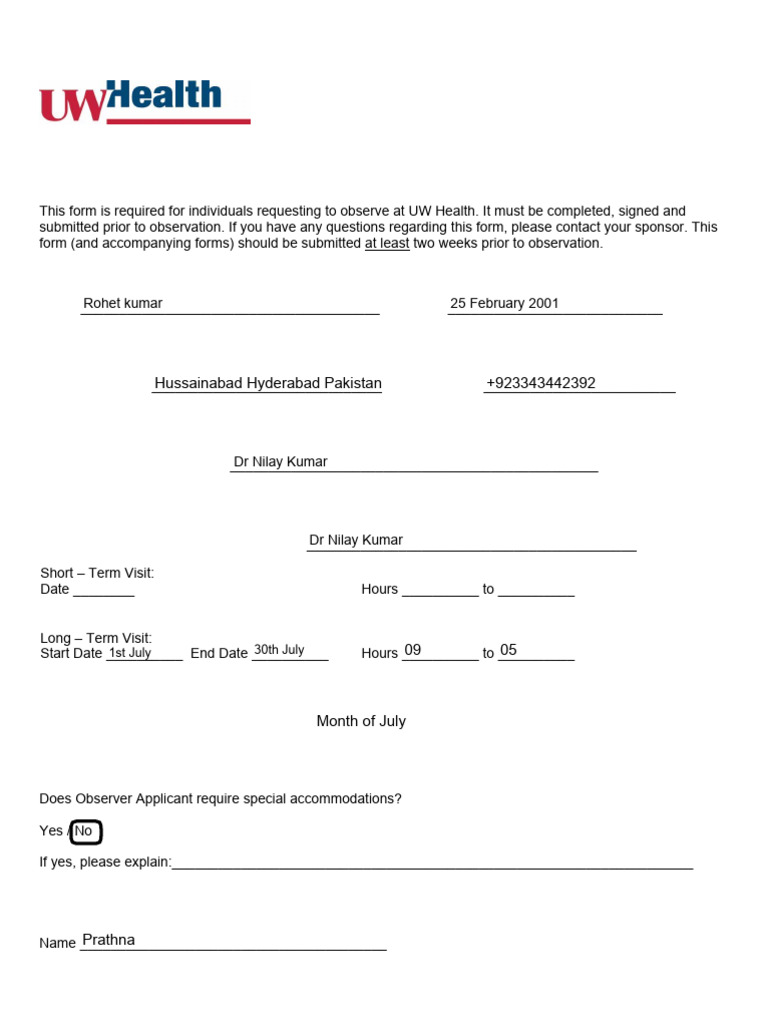 UW Health Observer Application Form | PDF