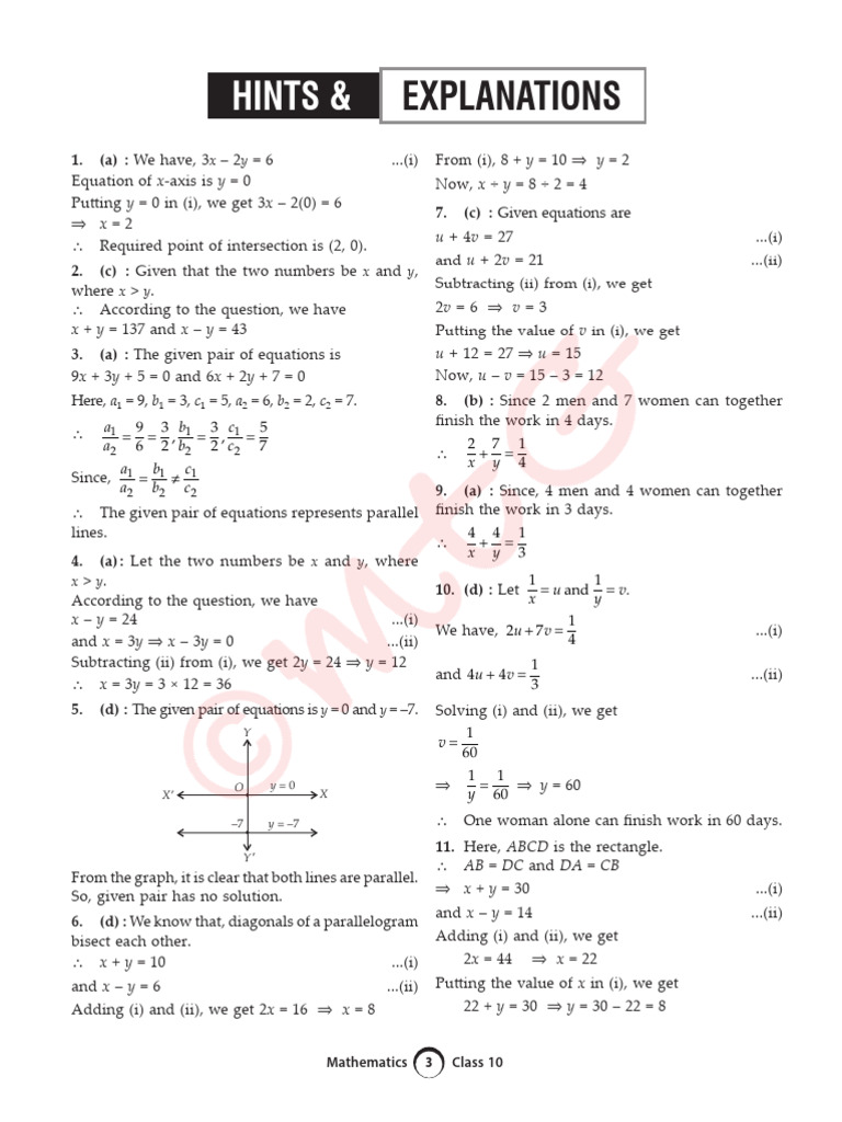 Test Paper 03 Pair of Linear Equations Solution | PDF | Mathematics
