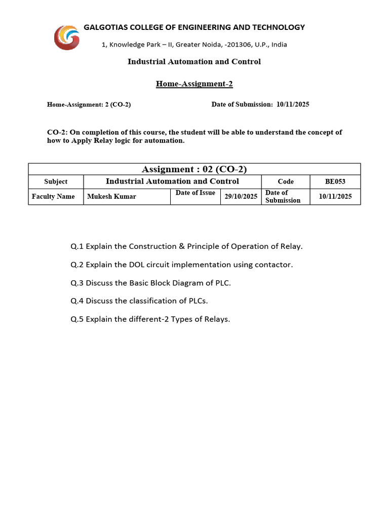 10.2 Industrial Automation & Control_Assignment-2 Unit-2 | PDF
