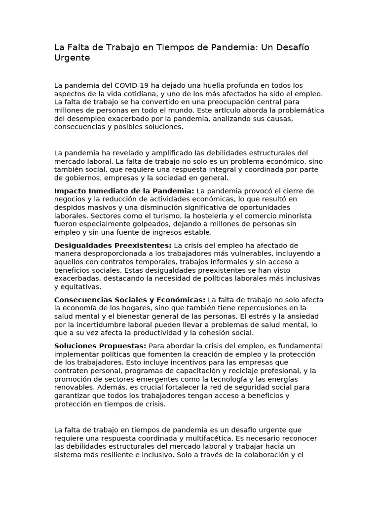 La Falta de Trabajo en Tiempos de Pandemia | PDF | Empleo | Desempleo