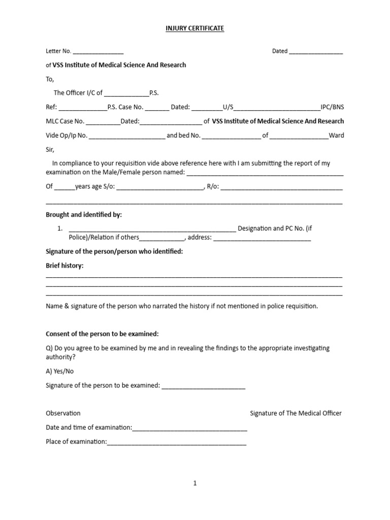 Injury Certificate Template for Medical Reports | PDF