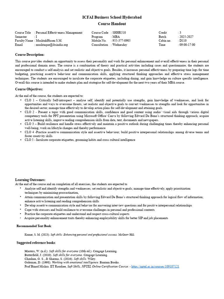 Personal Effectiveness Management Course | PDF | Psychological ...