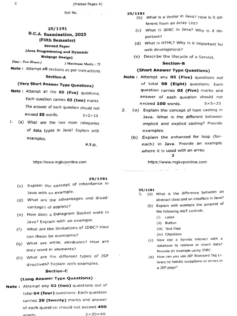 Bca 5 Sem Java Programming and Dynanic Webpage Design 1191 2025 | PDF