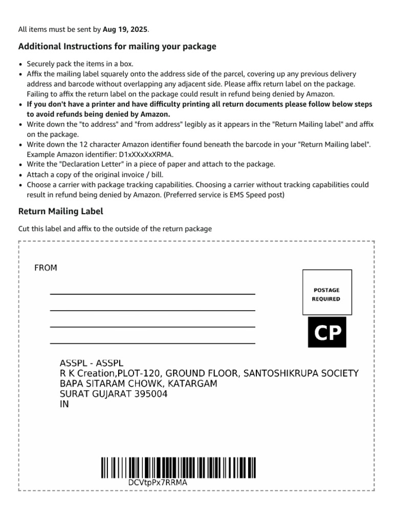 Amazon Return Instructions and Deadlines | PDF