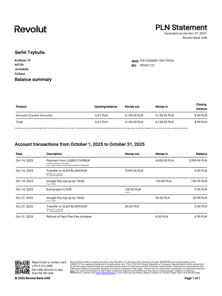Revolut Bank Statement Summary 2025 | PDF | Banks | Service Industries