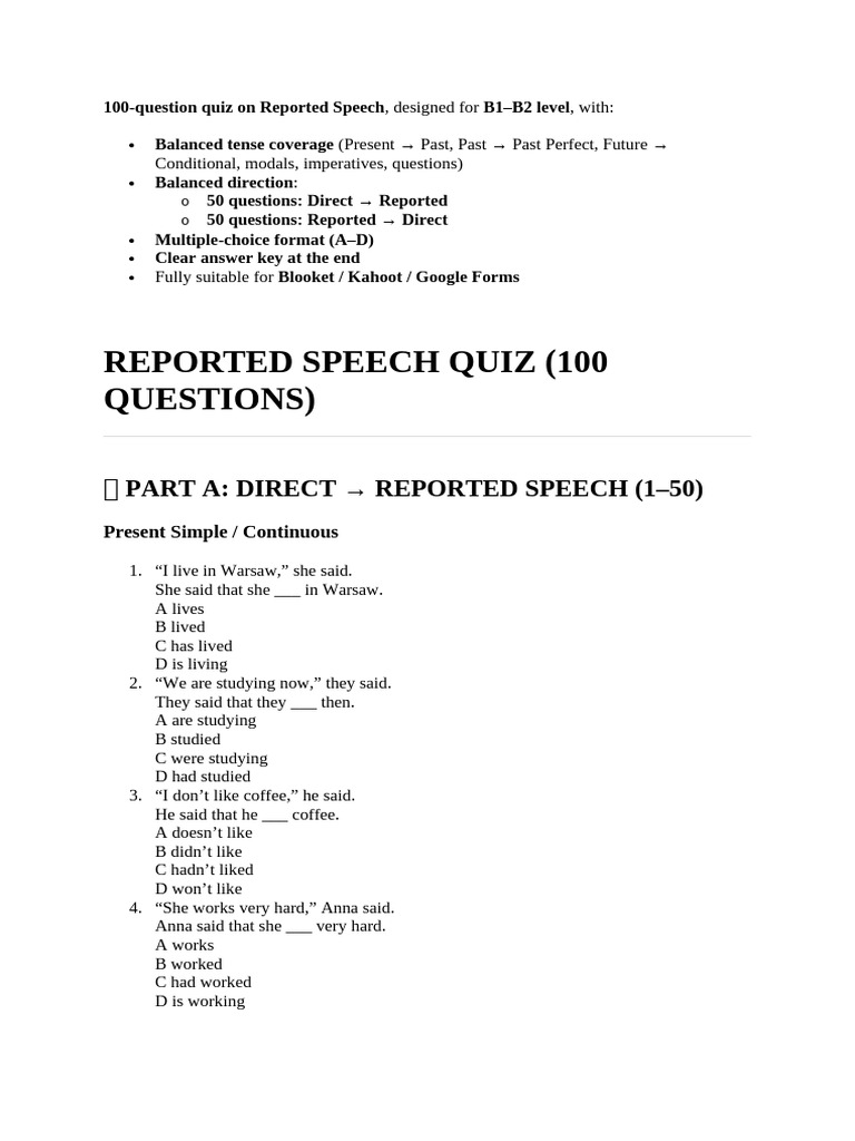 100 Questions on Reported Speech Quiz | PDF