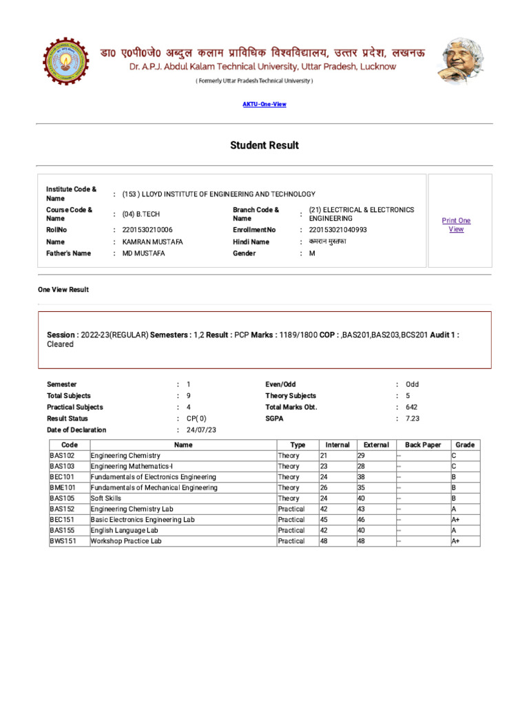 AKTU Student Result Summary 2022-2025 | PDF | Computing | Computer ...