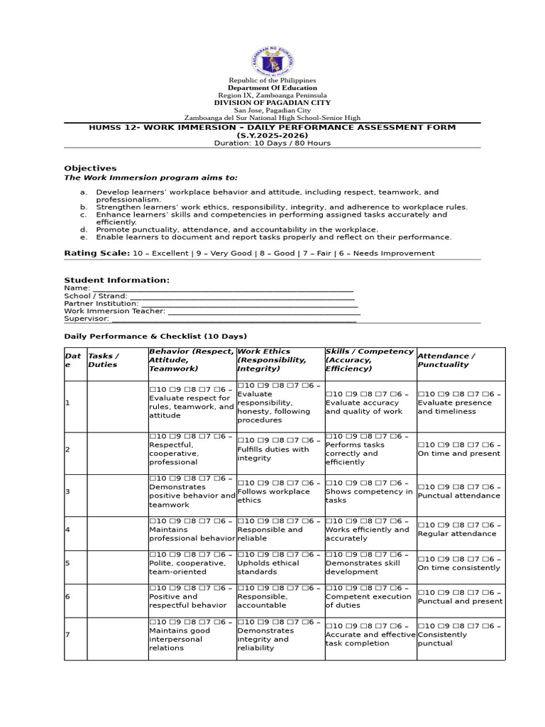 HUMSS 12 Work Immersion Assessment Form | PDF | Social Psychology ...