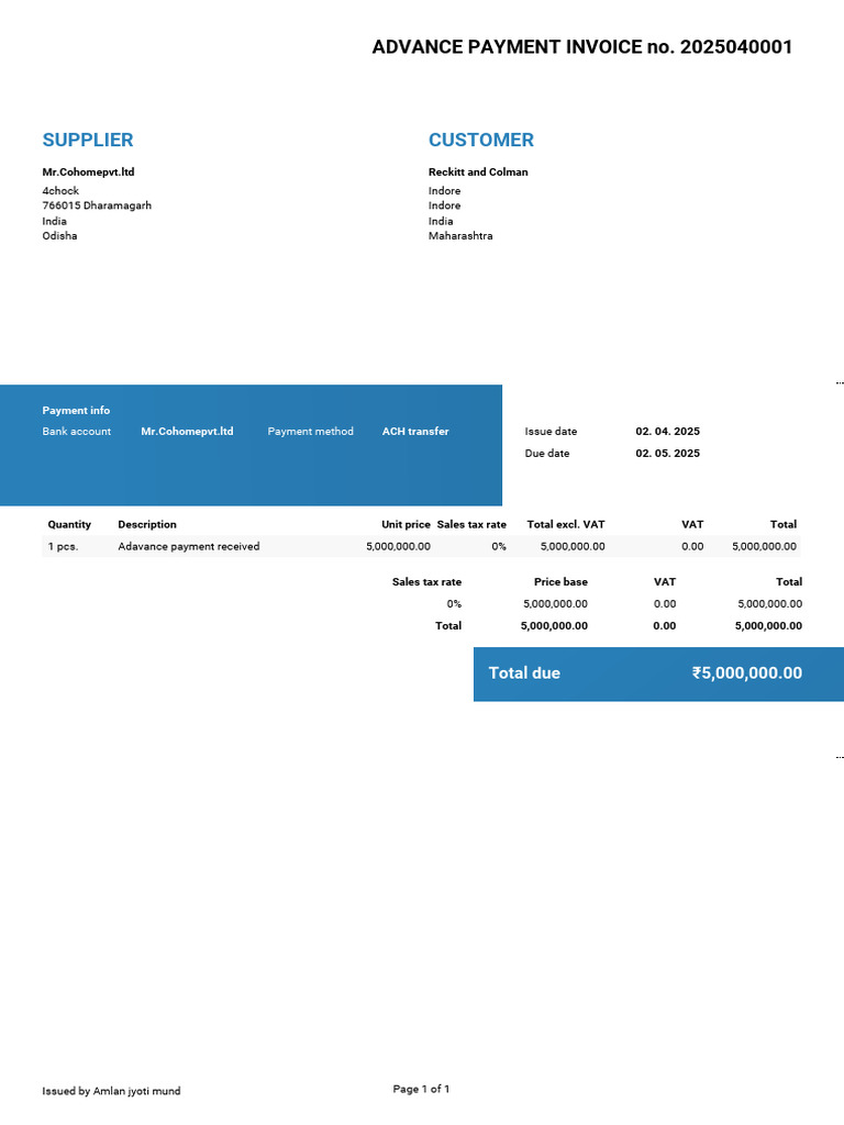 Advance Payment Invoice 2025040001 | PDF