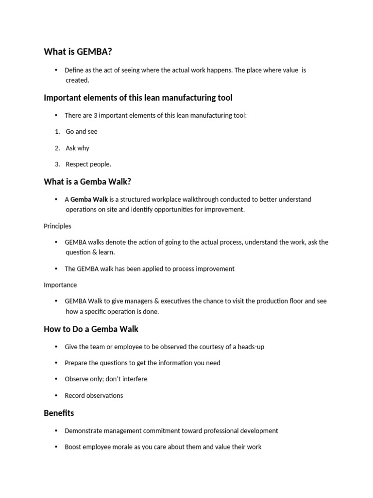 Understanding GEMBA Walks in Lean Manufacturing | PDF