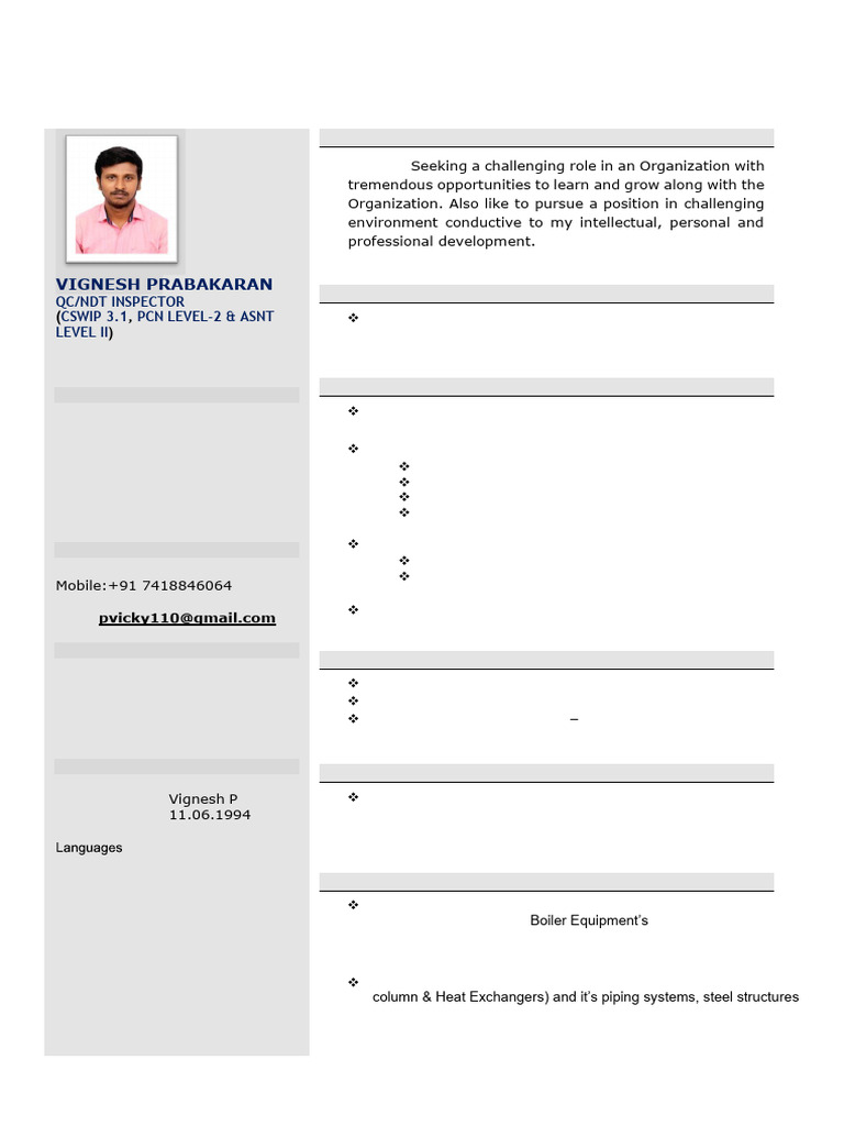 NDT Inspector Resume: Vignesh Prabakaran | PDF | Nondestructive Testing ...
