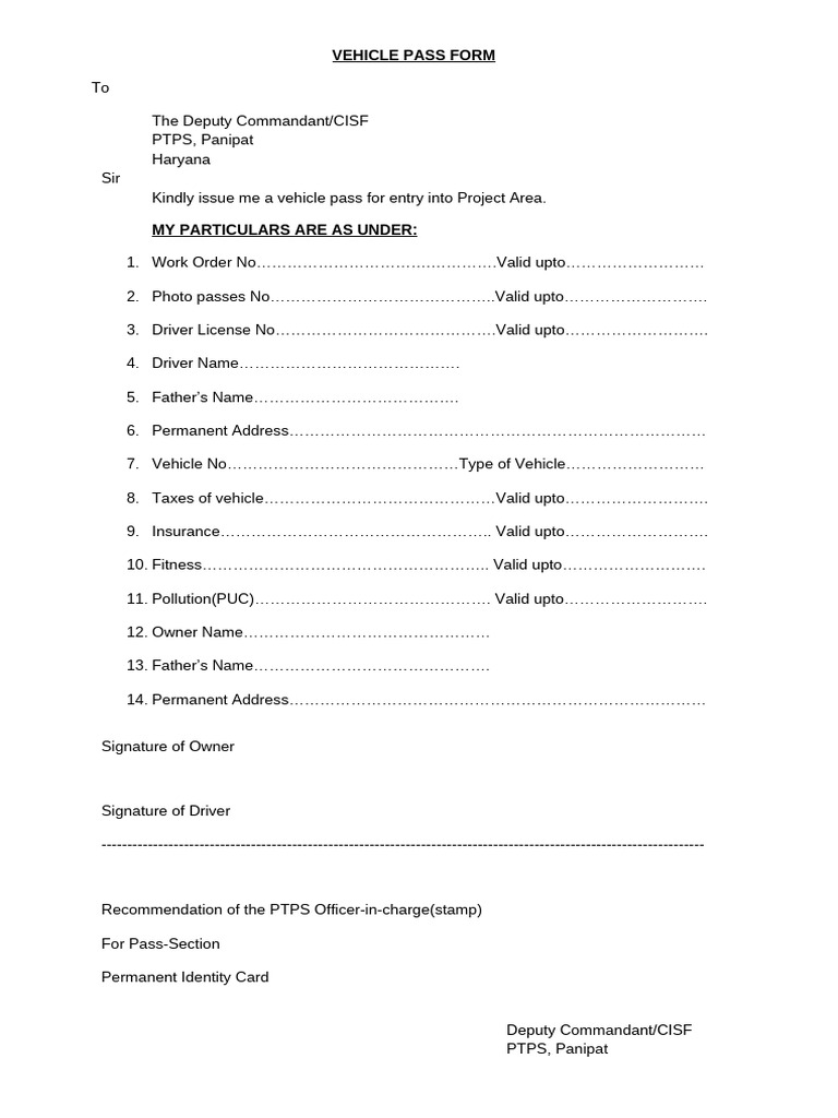 Vehicle Pass Request Form for PTPS | PDF | Identity Document | Driver's ...