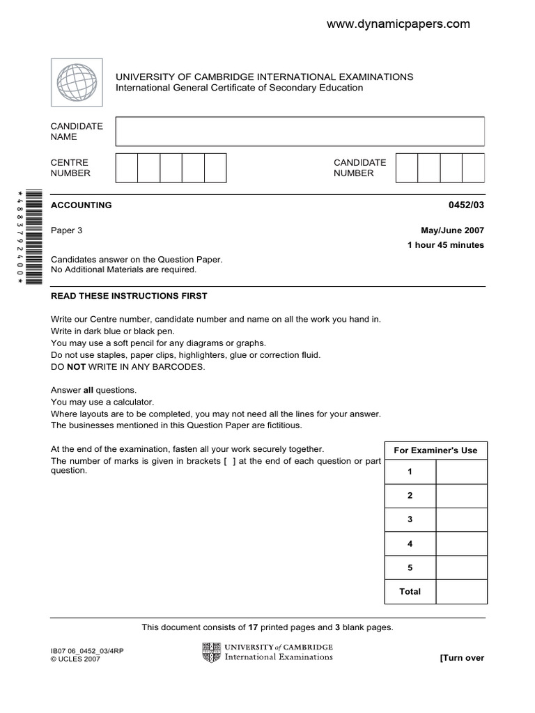 Cambridge IGCSE Accounting Exam Paper | PDF | Debits And Credits | Business