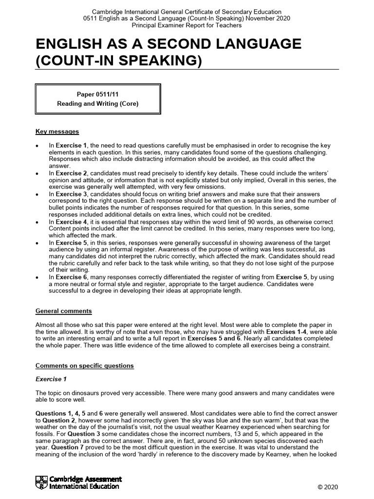 Cambridge IGCSE ESL Exam Report 2020 | PDF | English As A Second Or ...