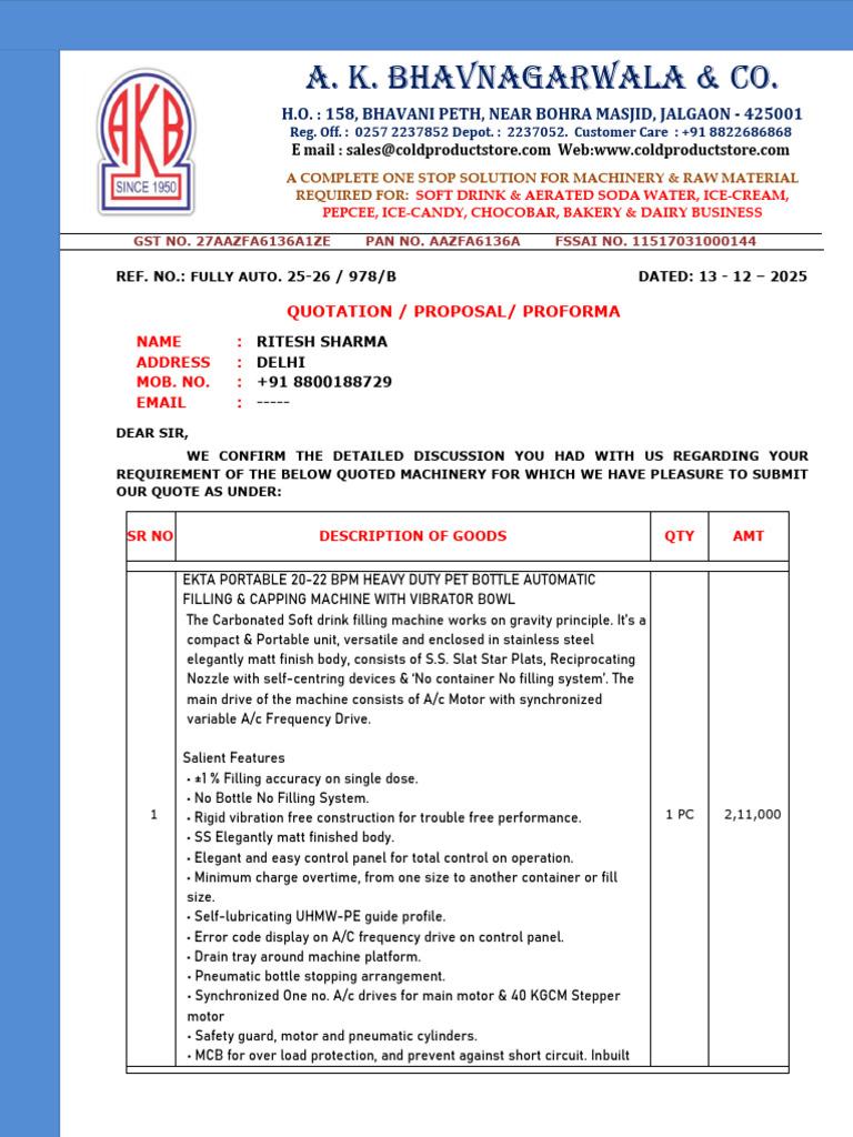 Machinery Quotation for Beverage Industry | PDF