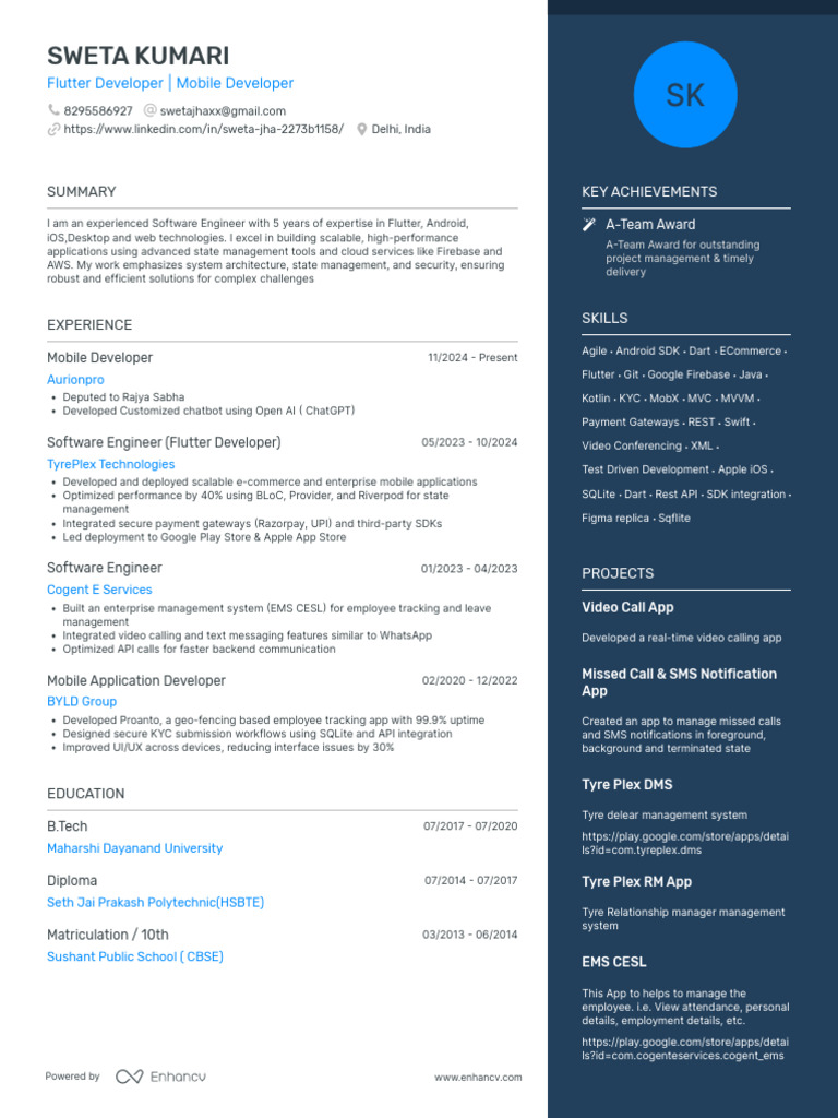 SwetaMobileAppDevCV (1) (1) | PDF | Mobile App | Software Development Kit