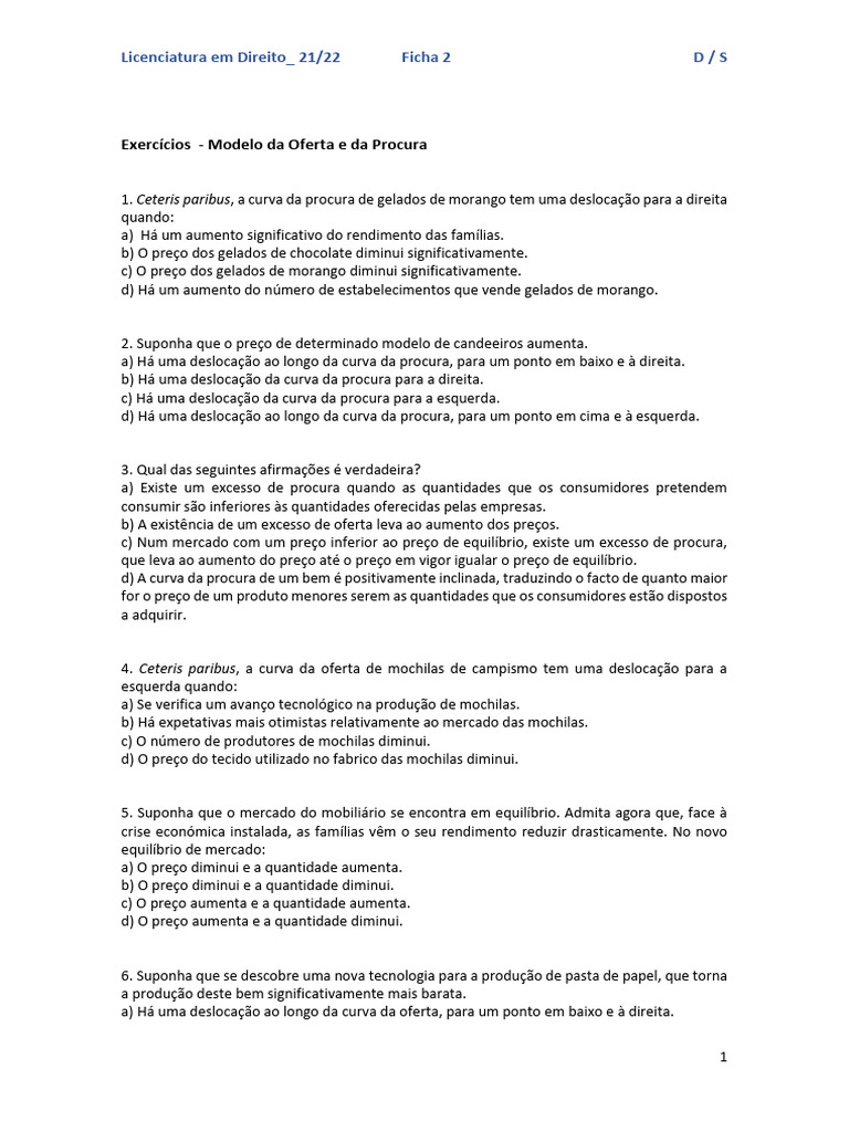 Exercícios sobre Oferta e Procura em Economia | PDF | Demanda ...