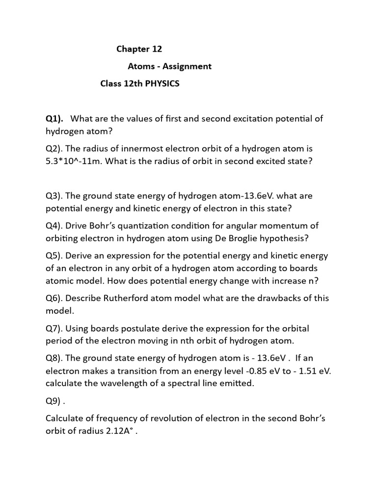 Class12th, Atoms - Assignment | PDF
