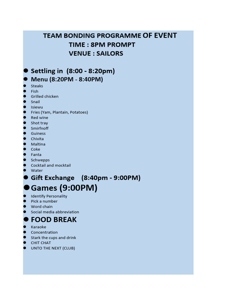 Team Bonding Programme of Event XL | PDF