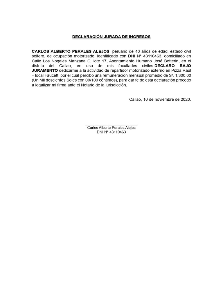Declaración Jurada de Ingresos 2020 | PDF