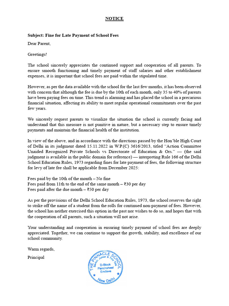 Late Payment Fine Notice for School Fees | PDF