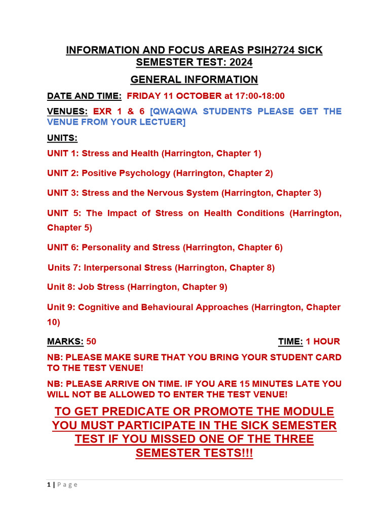 INFORMATION AND FOCUS AREAS PSIH2724 SICK SEMESTER TEST 2024 | PDF ...