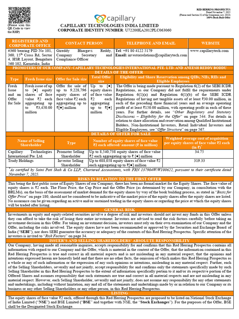 Capillary Technologies IPO Prospectus | PDF | Equity (Finance) | Investing