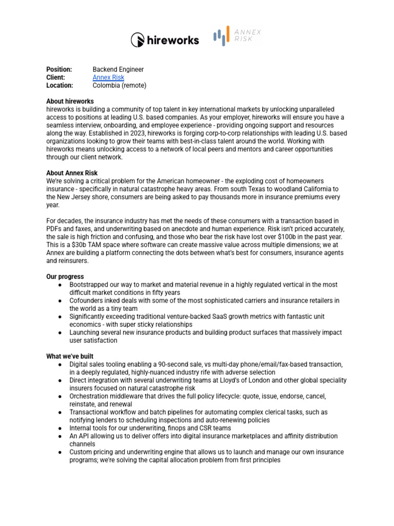 Backend Engineer Hireworks Annex Risk | PDF | Insurance | Underwriting