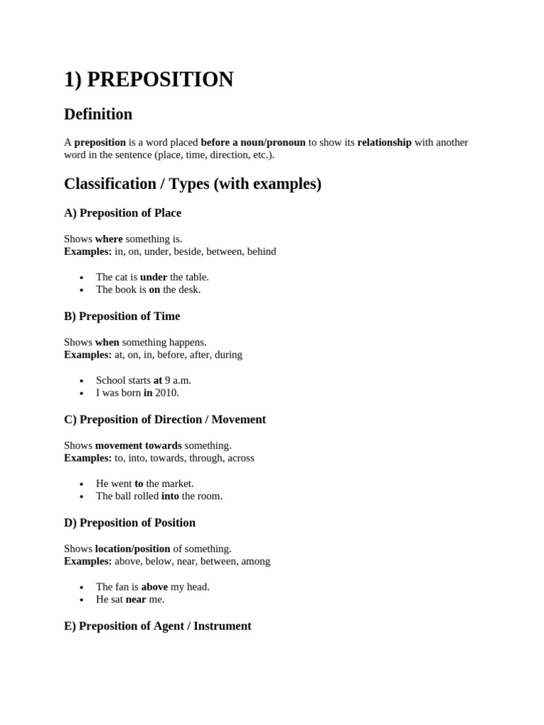 Understanding Prepositions: Types & Examples | PDF | Word | Quantity