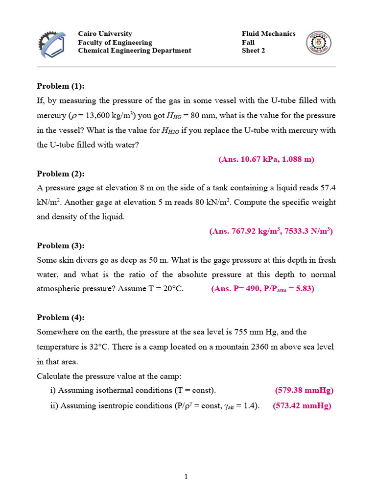 Fluid Mechanics Pressure Problems | PDF | Pressure | Pressure Measurement