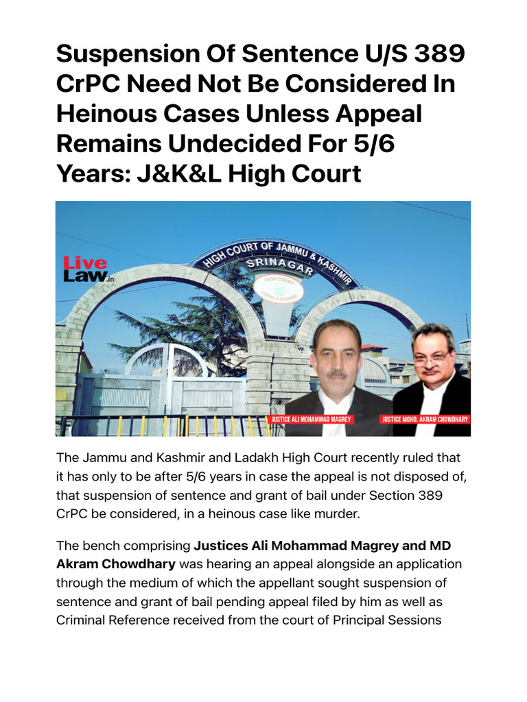 Suspension of Sentence U/S 389 CRPC Need Not Be Considered in Heinous ...