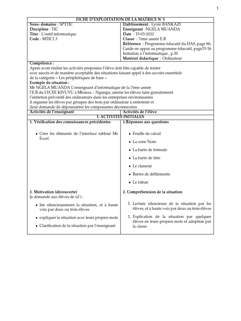 Initiation à l'informatique au Lycée Bankazi | PDF | Feuille de calcul ...