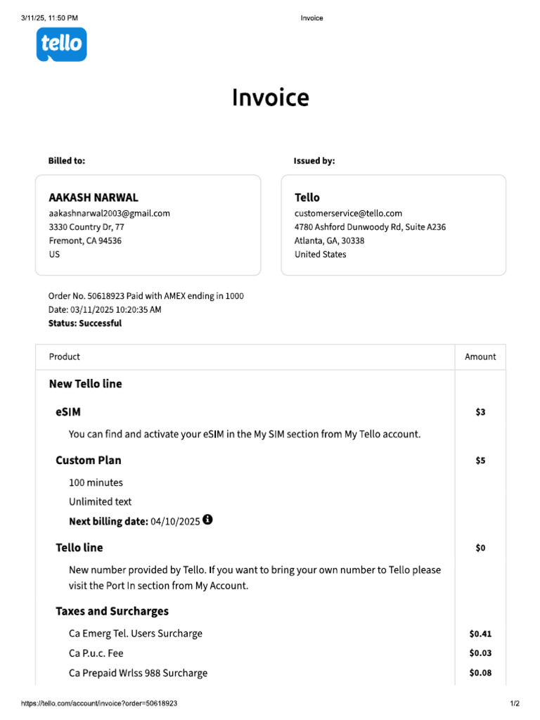 Tello Bill Purchase | PDF