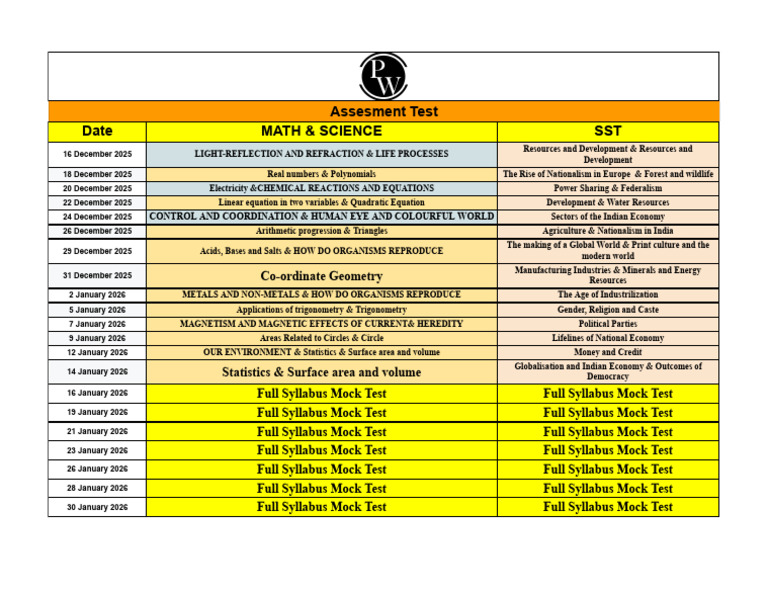 December 2025 Assessment Test Schedule | PDF | Equations | Mathematics
