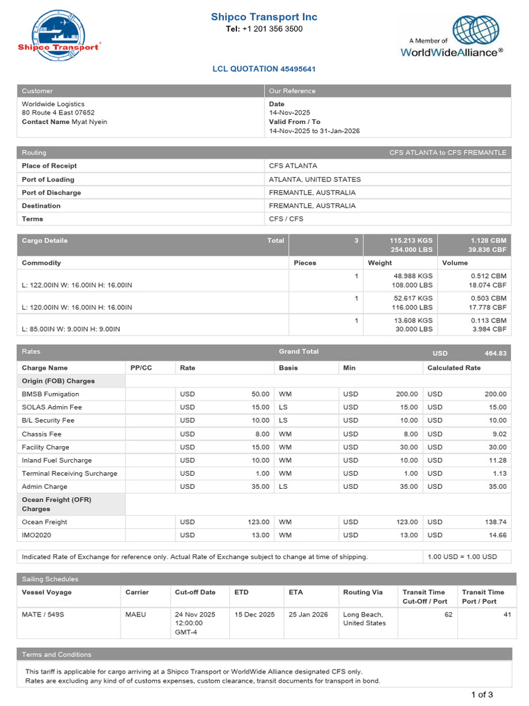 LCL Shipping Quotation: ATL to FREMANTLE | PDF | Cargo | Transport