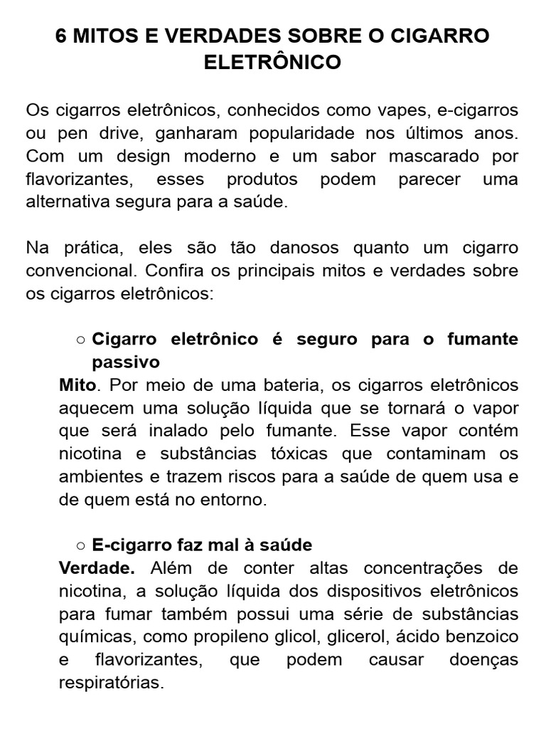 Mitos e Verdades sobre Cigarro Eletrônico | PDF