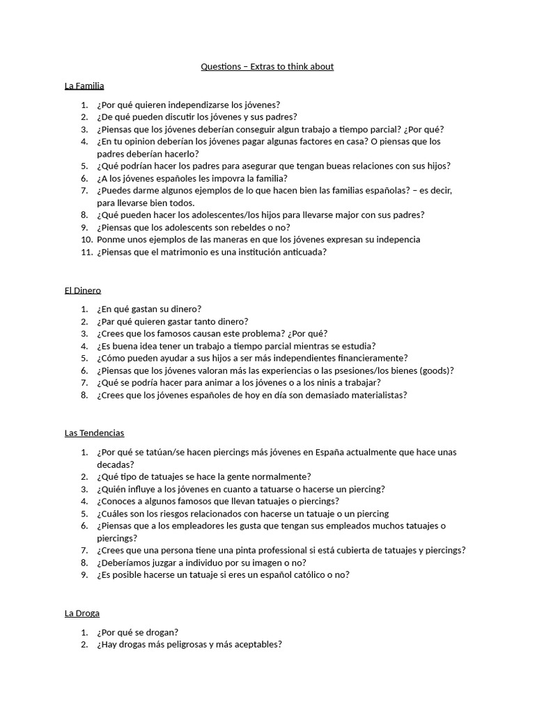 As Speaking Extra Questions | PDF | De fumar | Bebidas alcohólicas