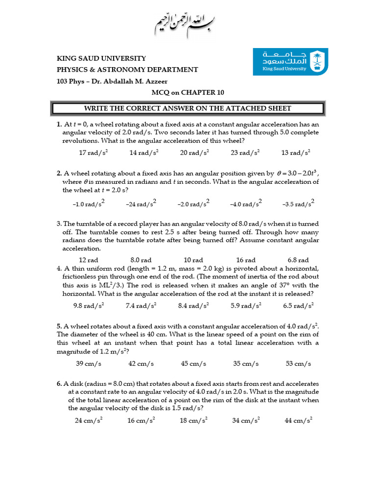 103 Exam Sample With Ans 3 | PDF | Rotation Around A Fixed Axis ...