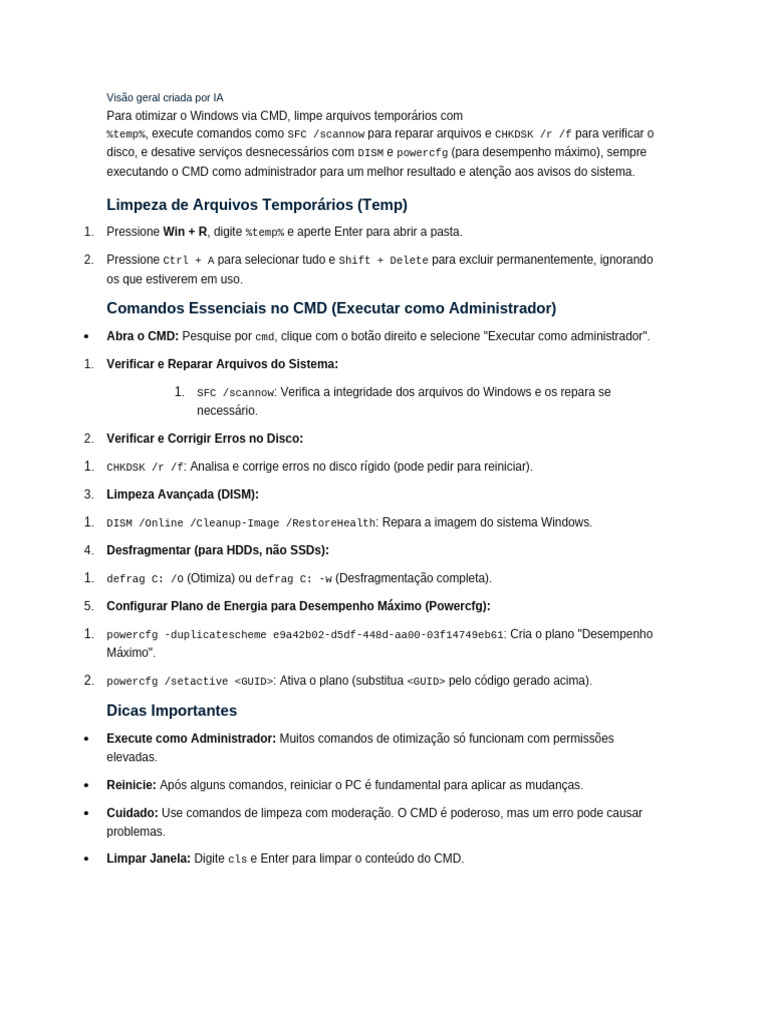 Otimização do Windows via CMD: Guia Prático | PDF