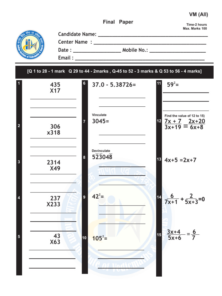 Vedic Maths Final Exam Paper | PDF | Mathematics | Arithmetic