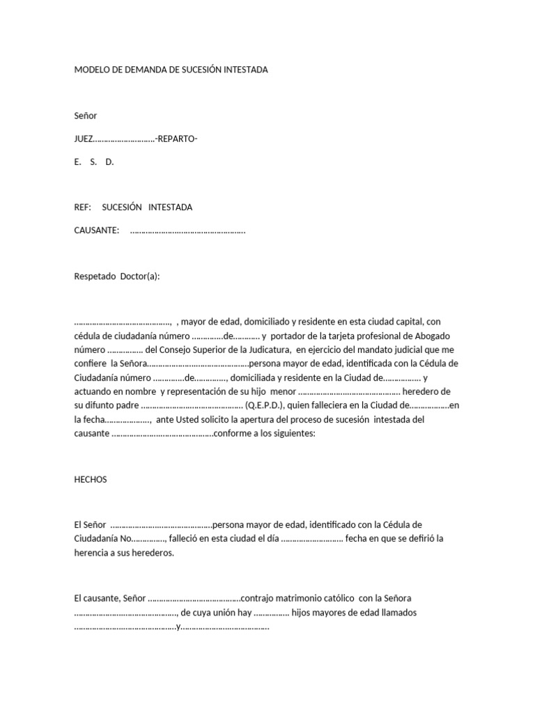 Modelo de Demanda de Sucesión Intestada | PDF | Ley común | Derecho ...