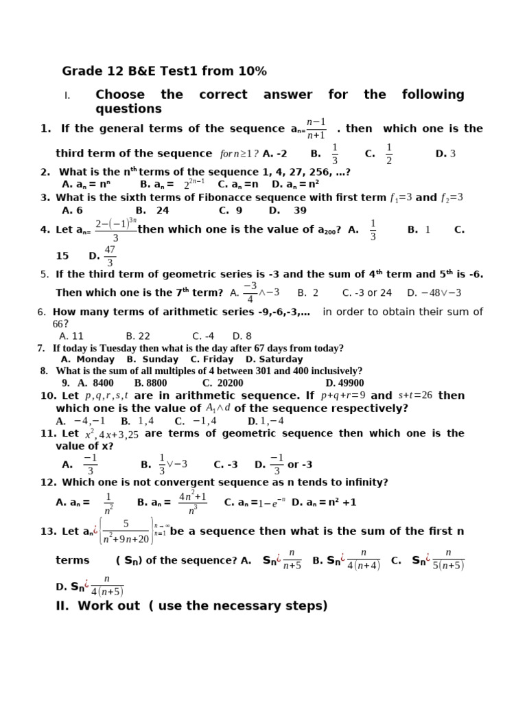 Grade 12 B&E Test: Sequences & Series | PDF | Sequence | Chess