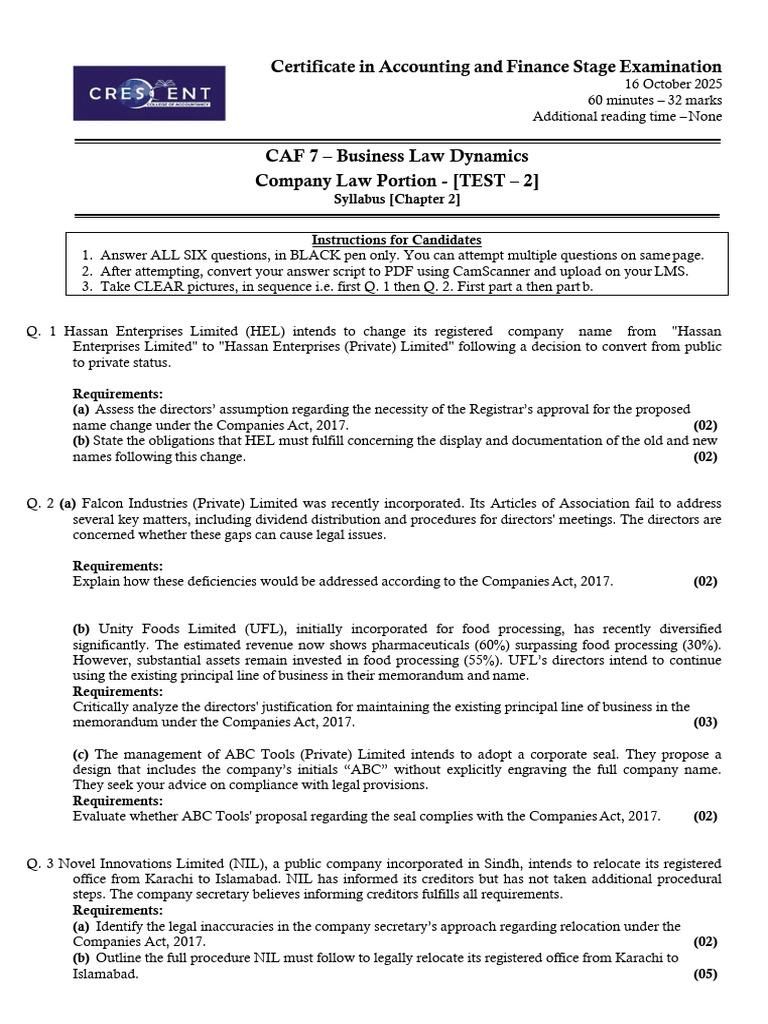 Company Law Exam Instructions and Questions | PDF | Articles Of ...