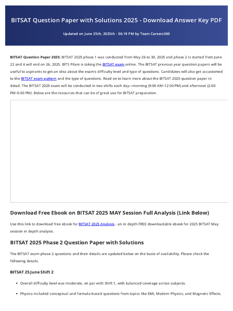 BITSAT 2025 Question Paper & Solutions PDF | PDF | Physics | Mathematics