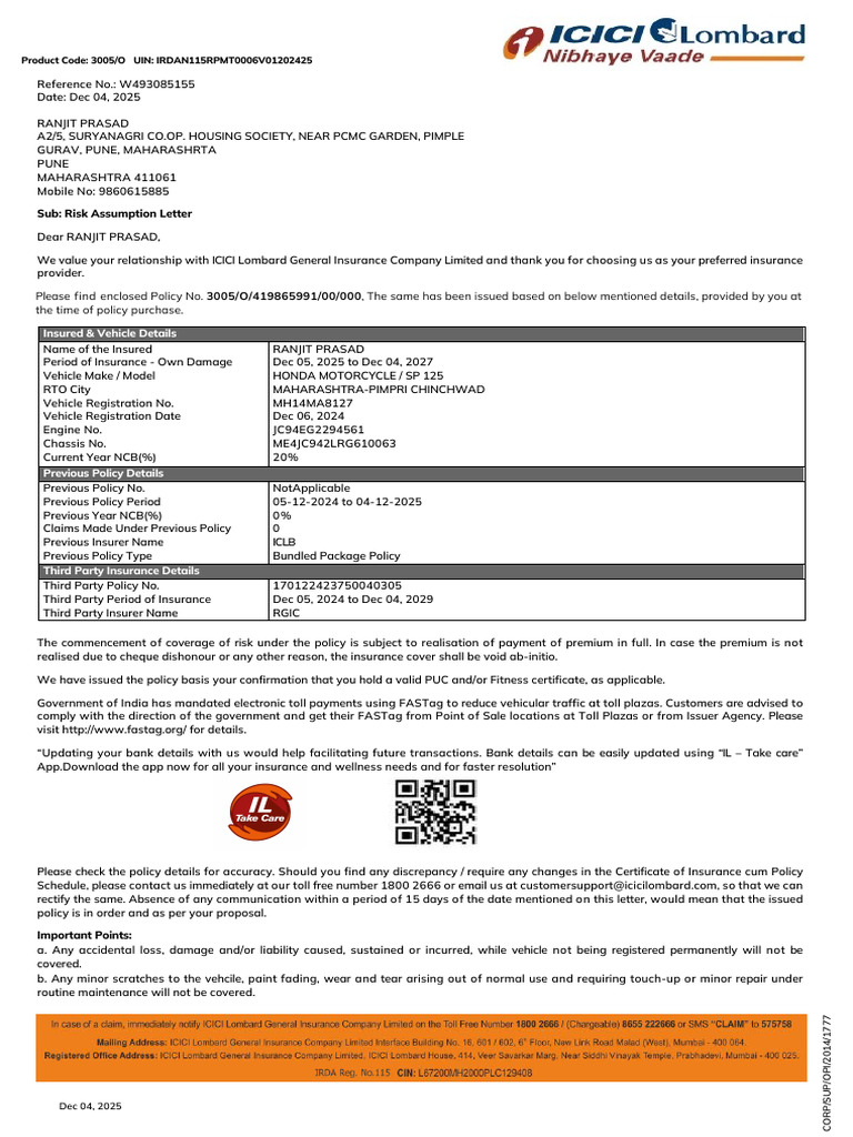 Sub: Risk Assumption Letter | PDF | Insurance | Depreciation