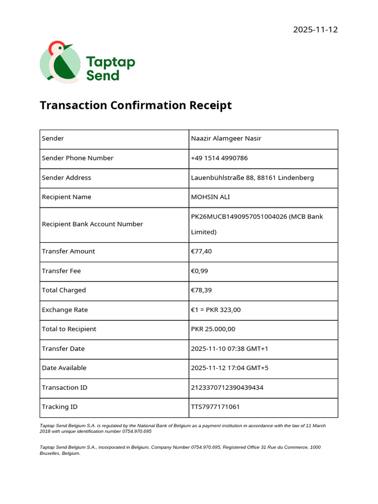 Transaction Confirmation Receipt: €77 Transfer | PDF