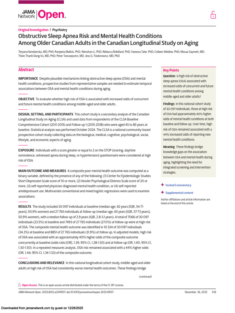 JAMA Open Access -Obstructive Sleep Apnea Risk and Mental Health ...