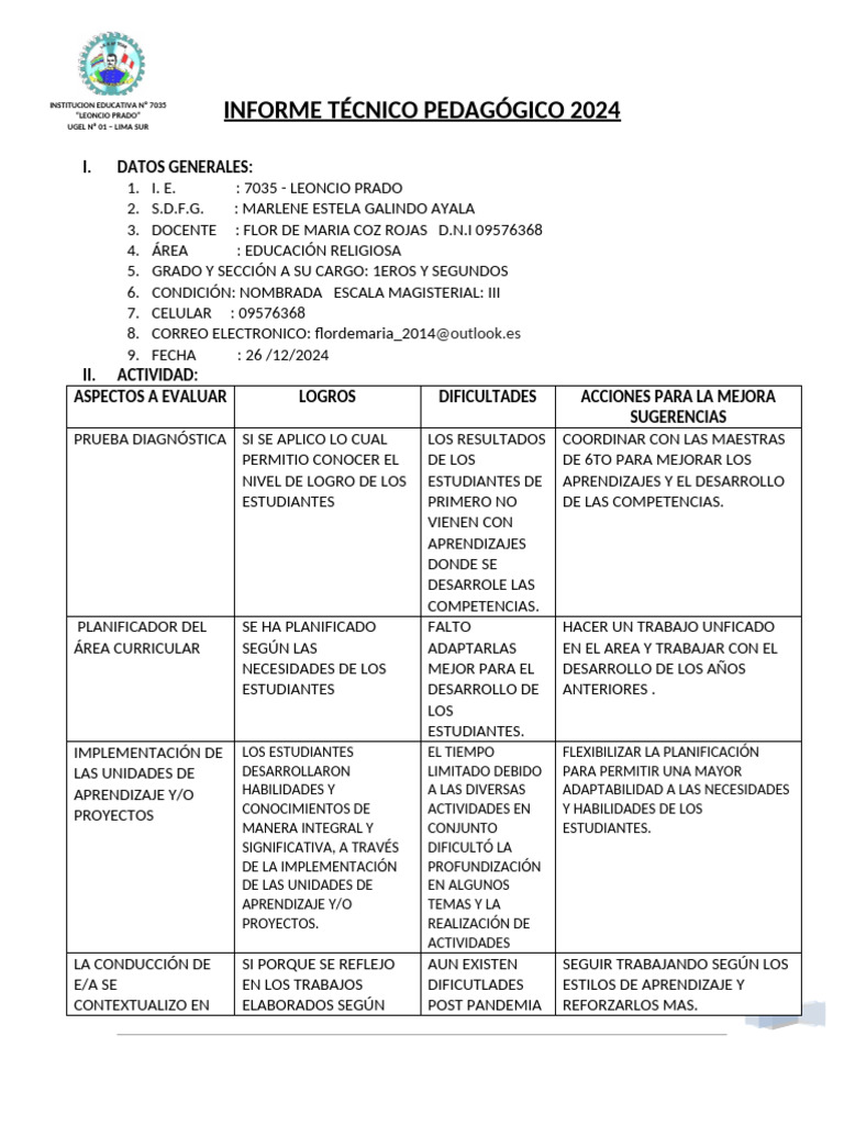 Informe Técnico Pedagógico 2024 | PDF | Aprendizaje | Evaluación