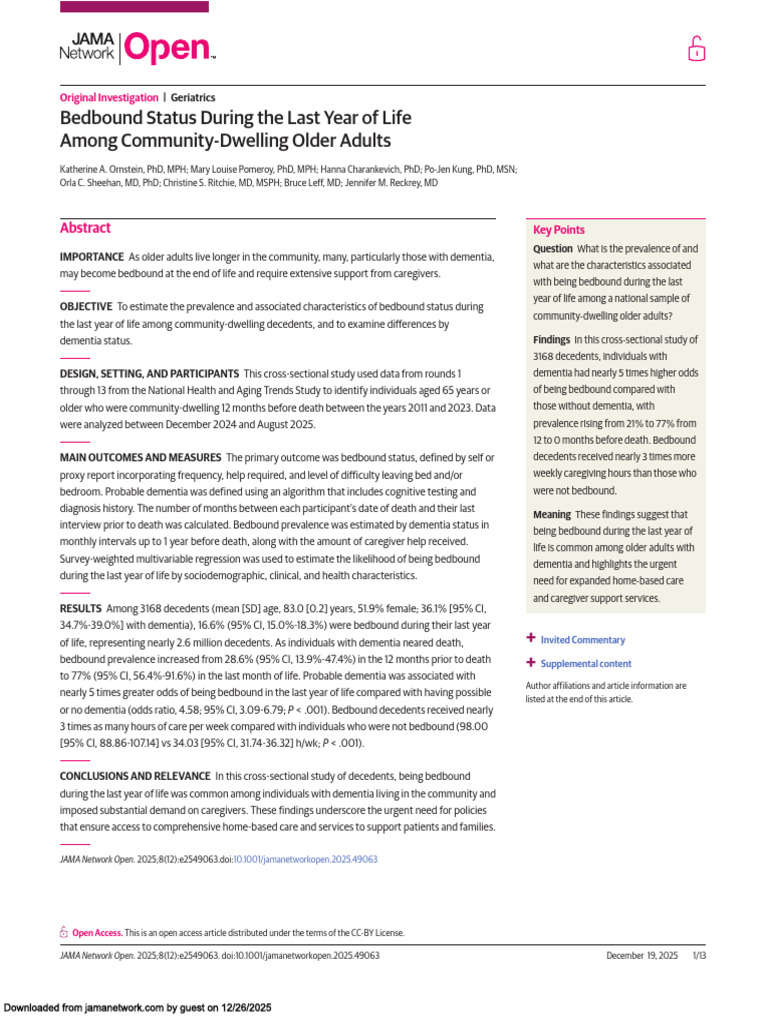 JAMA Open Access - Bedbound Status During The Last Year of Life Among ...